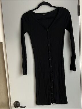 Monrow Black Long-Sleeve Button-Front Ribbed Dress